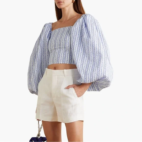 CAROLINE CONSTAS Carter Off The Shoulder Printed Cotton Blend Poplin Top Medium - Picture 3 of 11